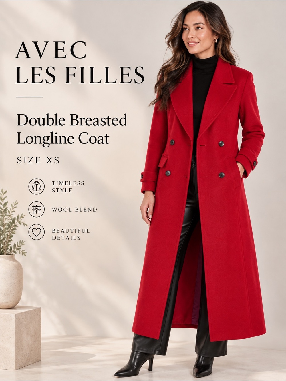 Avec Les Filles True Red Double Breasted Longline Wool Blend Coat XS